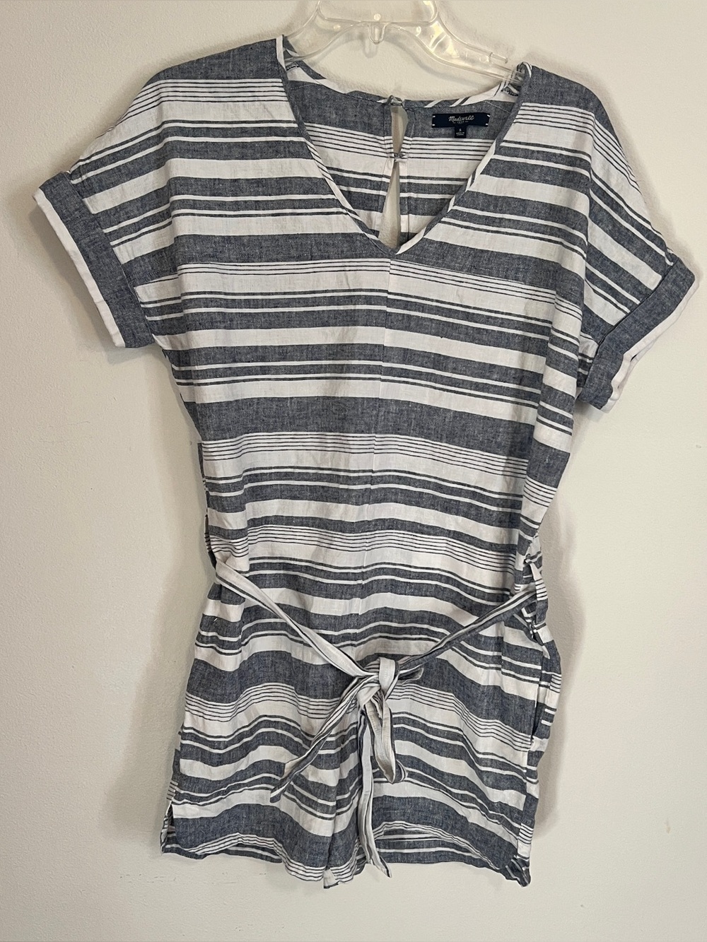 Madewell white and blue stripe linen romper size small